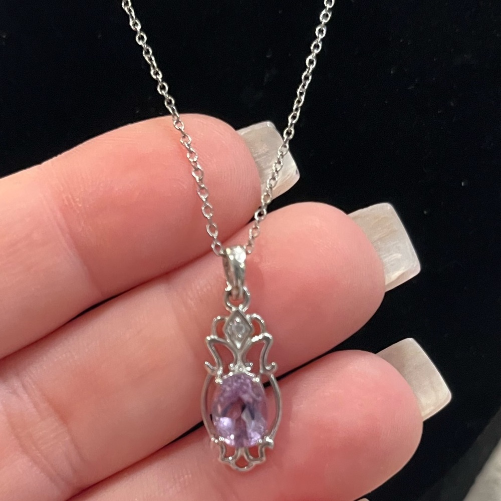 18” sterling silver amethyst and CZ pendant necklace